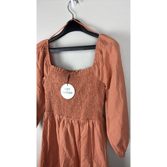 Lost + Wander - Small - Terracotta Grid Dress With Smocked Bodice & Puff Sleeves - Picture 6 of 6